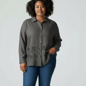 Jessica Plus Long Sleeve Grey Floral Embroidered Button Down Tunic Top Sz 22/XXL